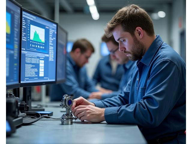 Qualitätsingenieur prüft Bauteile mit messinstrumenten, fokus auf datenanalyse auf einem tablet