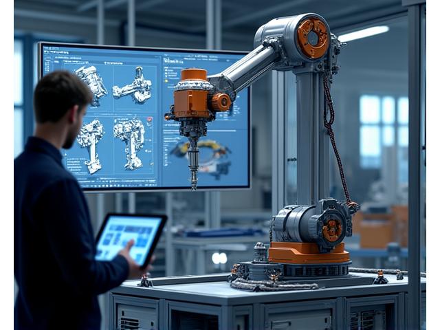 CAD-Zeichnung einer spezialmaschine auf einem Bildschirm, im hintergrund roboterarm in einer fertigungshalle